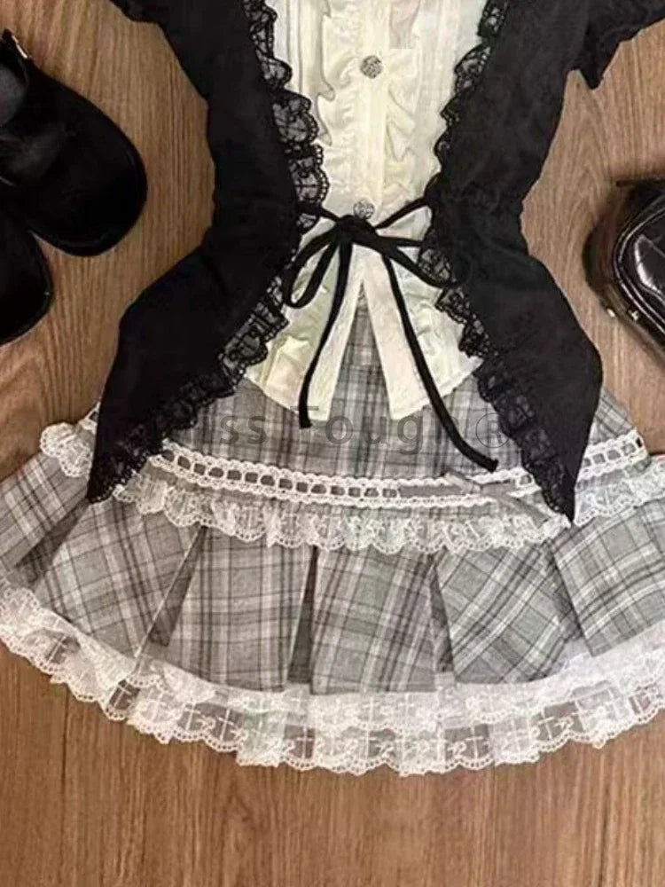 Fashion Sweet Slim Short Sleeve 2 Piece Set Women Design Chic Lapel Bow Patchwork Tops + High Waist Thin Plaid Short Skirt New