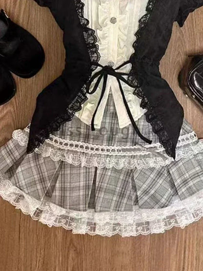 Fashion Sweet Slim Short Sleeve 2 Piece Set Women Design Chic Lapel Bow Patchwork Tops + High Waist Thin Plaid Short Skirt New