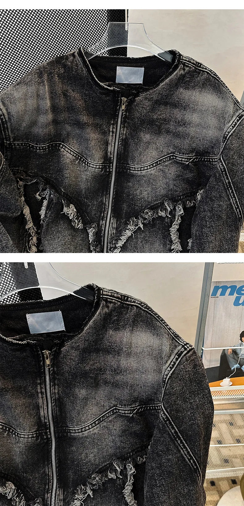 Men's Fringed Denim Set 2026 Spring New American Retro Washed Shoulder Padded Zipper Jacket Splicing Jeans Two Pieces Sets