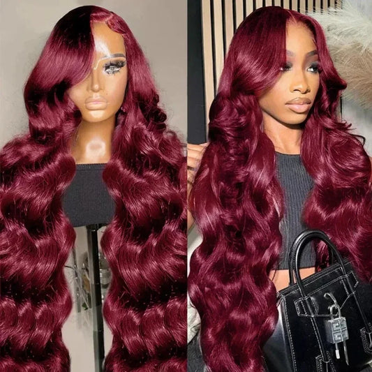 99J Burgunderfarbene Lace Front Perücke 13x6 Body Wave Lace Front Perücke HD Transparente Lace Frontal Perücke Echthaar Vorgezupft Rot