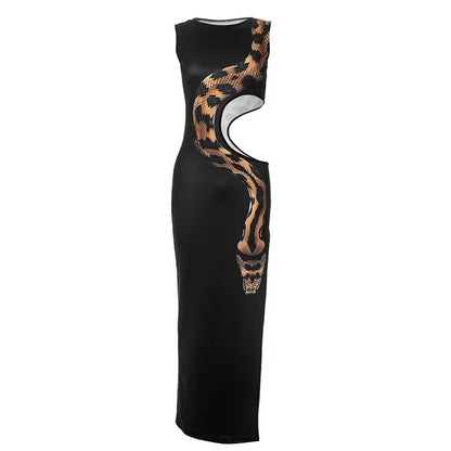Fashion Black Snake Printed Hollow Out Long Dress Women Sexy O Neck Sleeveless High Split Slim Robes  Lady Party Night Gowns