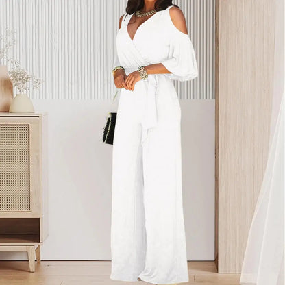 Spring And Autumn Women Jumpsuit Hollowed Out Strapless Solid Color Women Jumpsuit V-neck High Waist Belt Wide-leg Pant