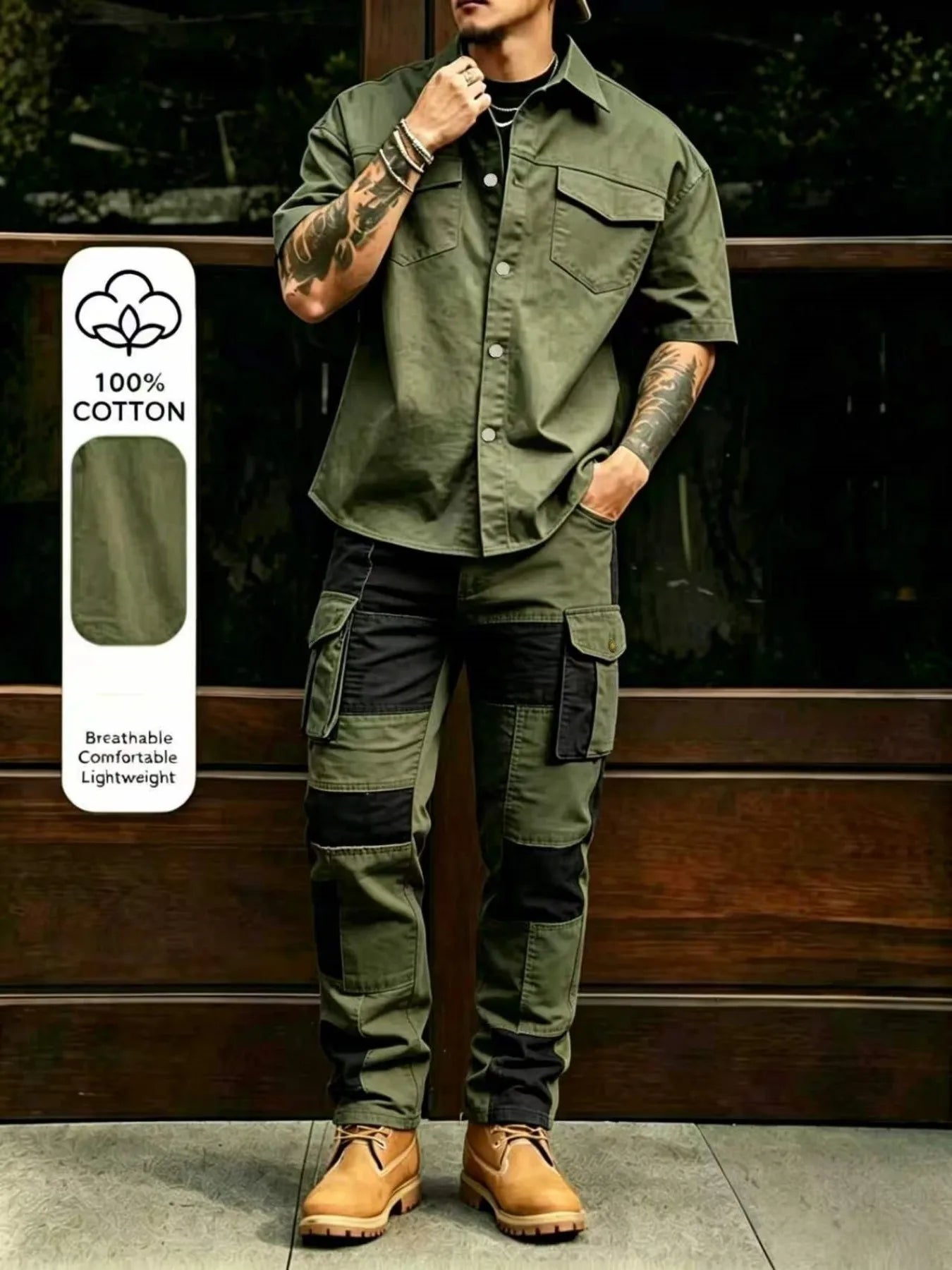 Men's Casual Workwear 100% Cotton Multi-Pocket Short-Sleeved Shirt Pants Set Male Cargo Overalls Streetwear Short Sleeve Button