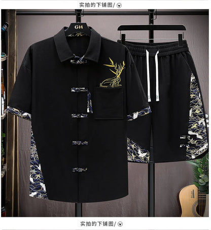 Summer Sets Men Fashion Print Short Sleeved Shirt Shorts Two-piece Men Chinese style Loose Set Mens Short Sets