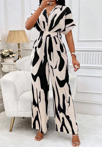 Women Wide Leg Jumpsuit Spring Summer Fashion V Neck Short Sleeve High Waist Full Body Printed Jumpsuits Casual One Pieces