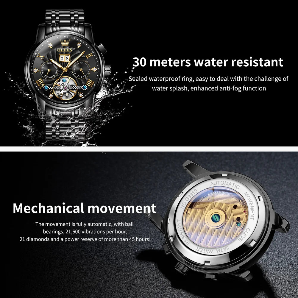 OLEVS Classic Men's Watches Tourbillon Multi-function Full Automatic Men Watch High end Male Wristwatches Mechanical Watch 9910