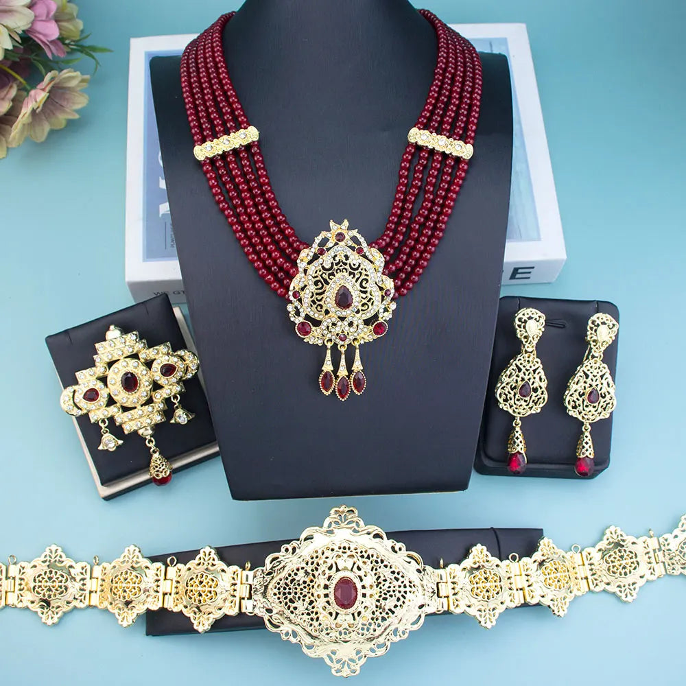 Sunspicems Gold Color Morocco Caftan Belt Waist Chain Women Beads Chain Choker Necklace Long Earring Arab Bridal Wedding Jewelry