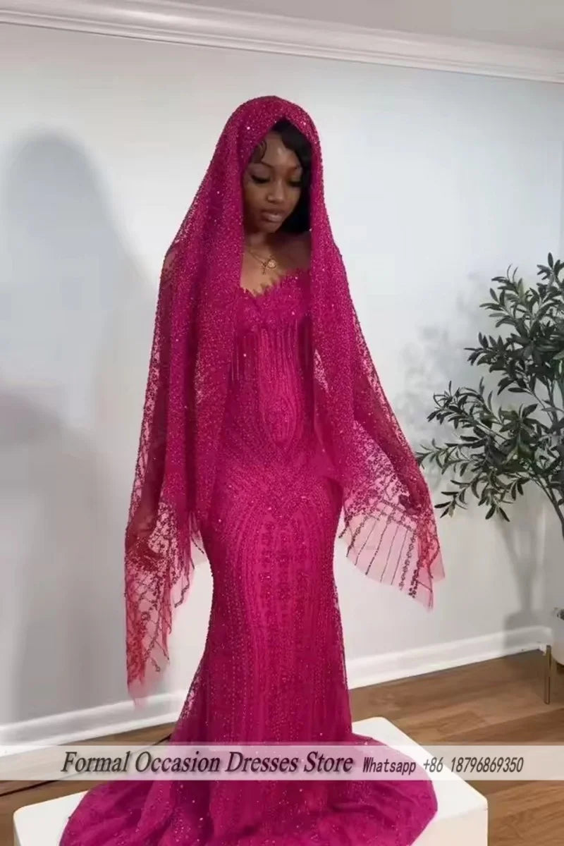 Luxury Red Prom Dresses With Veil 2026 Sequin Beading Black Girls Evening Dress 2025 Sleeveless Birthday Party Gowns Customized