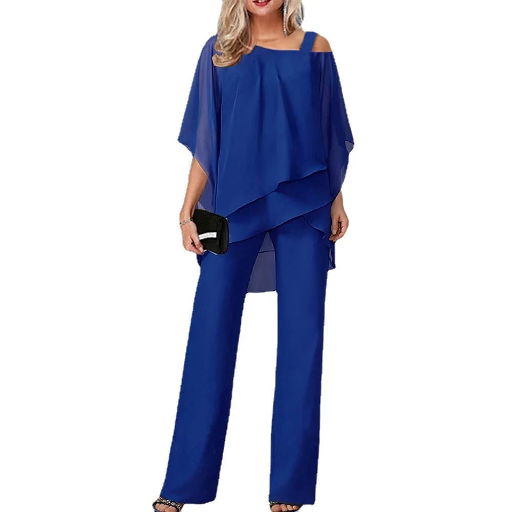 Women Trousers Sets Two Pieces Sale Sexy Off Shoulder Half Batwing Sleeve Blouse&OL Wide Leg Loose Pant Suits NMD-6666