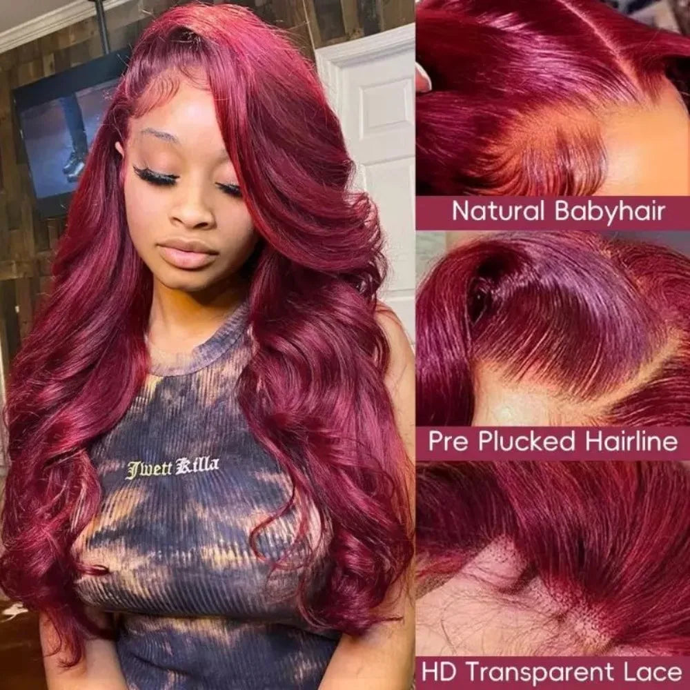 99J Burgundy Lace Frontal Wig 13x6 Body Wave Lace Front Wig HD Transparent Lace Frontal Wig Human Hair Pre Plucked Red Color