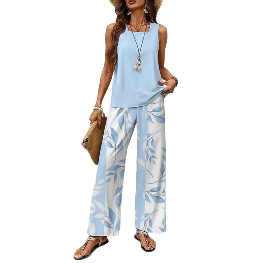 Summer New Women's Flower Stripe Print Two-Piece Set Square Collar Sleeveless Vest Solid Tops & Long Pants Sets Female