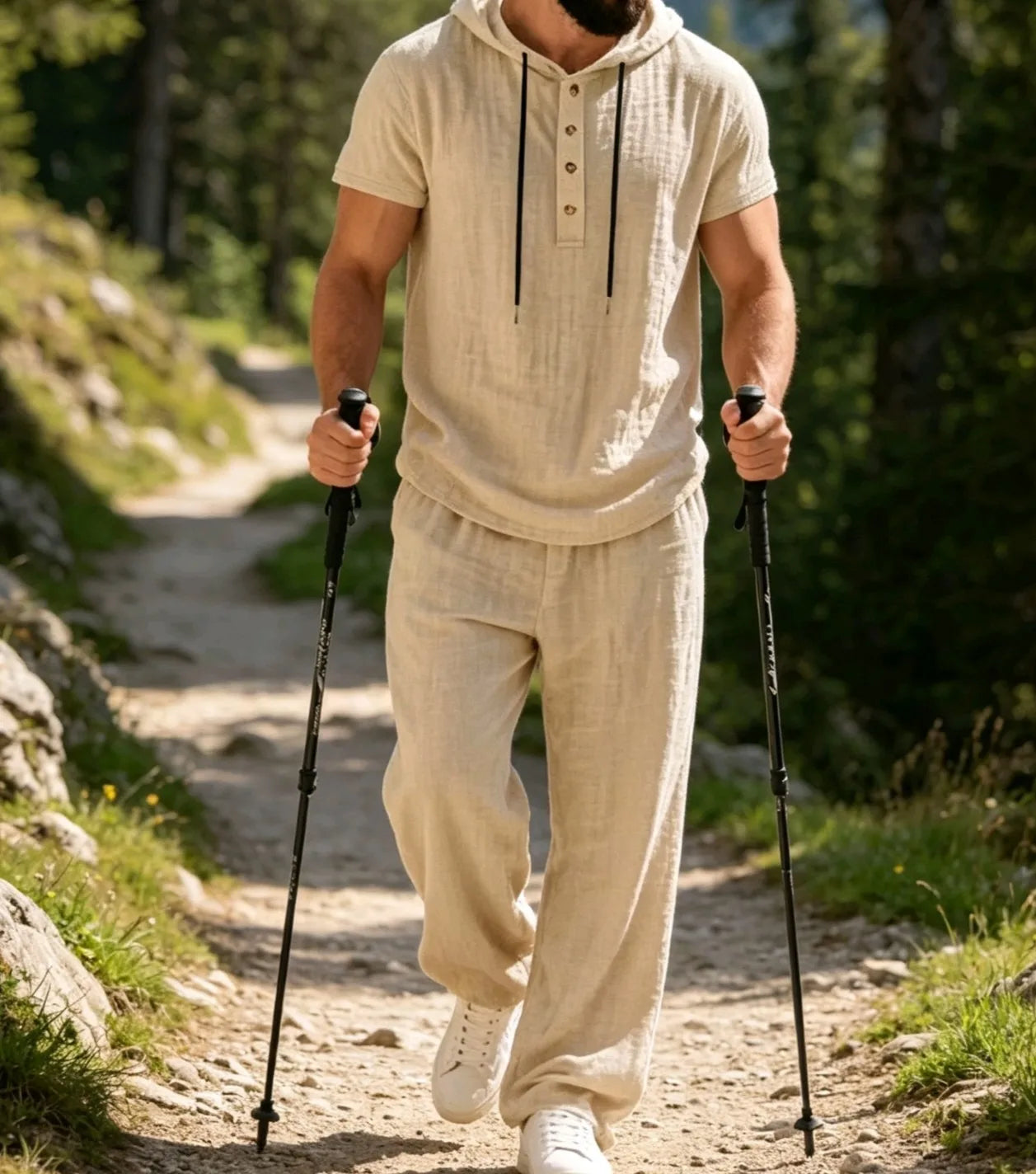 Men's Summer Casual Linen 2 Piece Outfit Short Sleeve Hoodie & Loose Pants Set Breathable Tracksuit for Beach Daliy Streetwesr