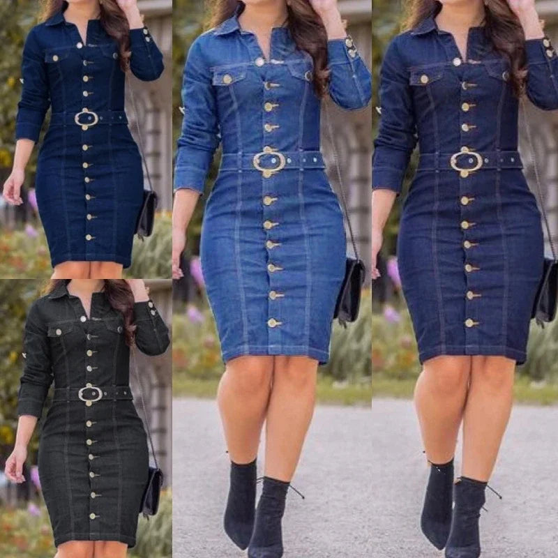 New Denim Dress Women Lapel Slim Fit Elegant Pencil Dresses Long Sleeve High Waist Singl-Breasted Jeans Vestidos Largos Mujer