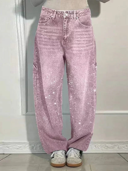 Shiny Rhinestone Baggy Women's Wide Leg Jeans Full Diamond Wide Leg Dragging Denim Pants Vintage Washed Pants Casual Trousers