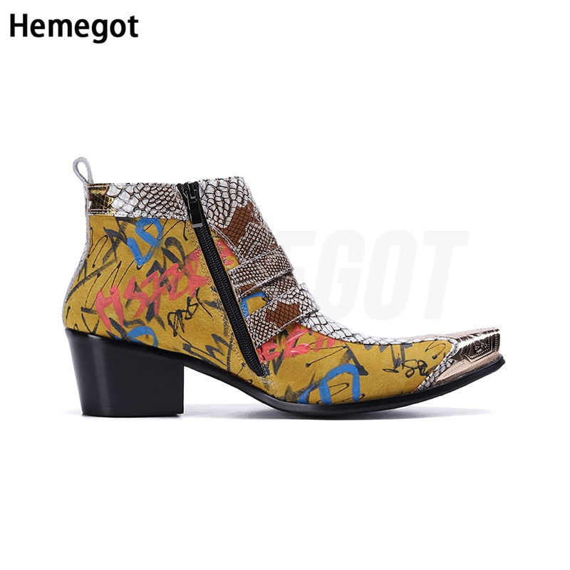 Pointed Toe Golden Snake Pattern Boots Men's Boots Trendy High-Heeled Men's Banquet Leisurely Leather Boots Euro Size 37-48