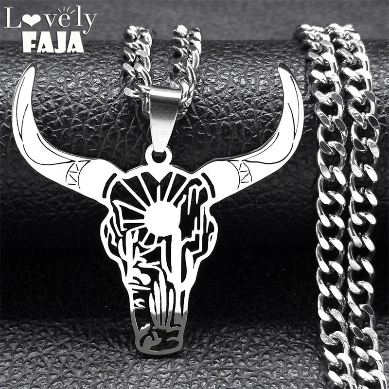 Fashion Bull Head Pendant Animal Cowboy Necklace Women Men Stainless Steel Silver Color Mexican Cow Necklaces Jewelry N3214S03