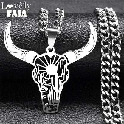 Fashion Bull Head Pendant Animal Cowboy Necklace Women Men Stainless Steel Silver Color Mexican Cow Necklaces Jewelry N3214S03