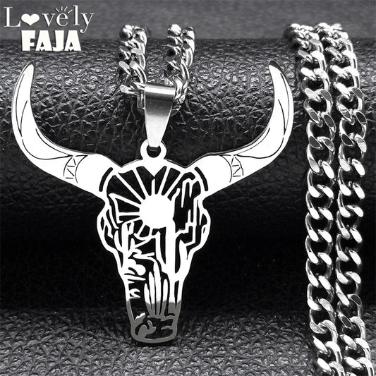 Fashion Bull Head Pendant Animal Cowboy Necklace Women Men Stainless Steel Silver Color Mexican Cow Necklaces Jewelry N3214S03
