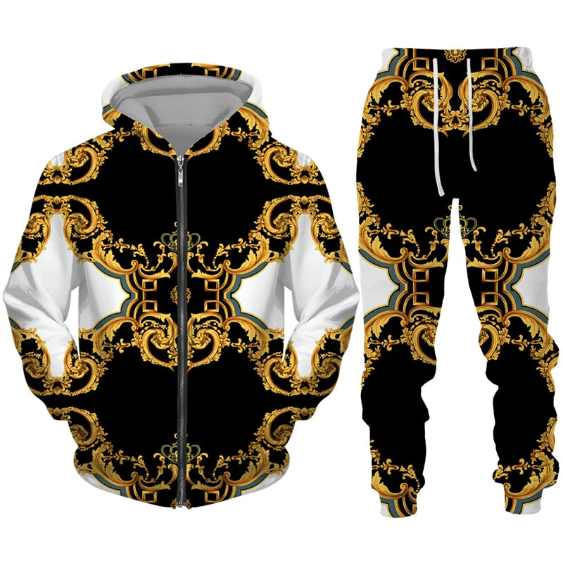 Luxury Golden Pattern 3D Print Men's Zipper Tracksuit Set Casual Hoodie+Pants 2pcs Sets Oversized Sweatshirt Fashion Men Clothes