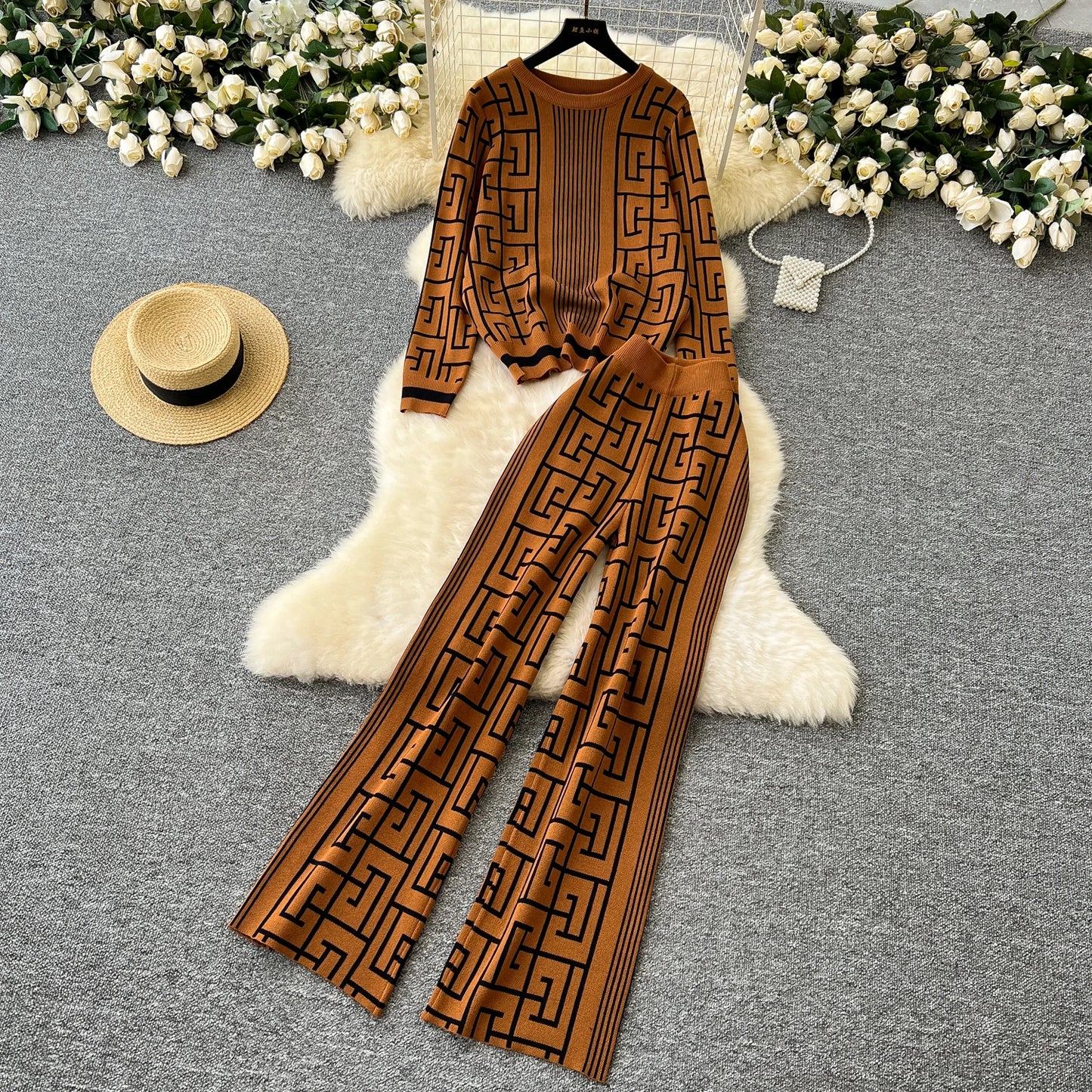 SINGREINY Geometric Maze Print Two Pieces Suits Autumn Winter O Neck Sweater+Long Pants Women Casual Fashion Knitting 2pcs Sets