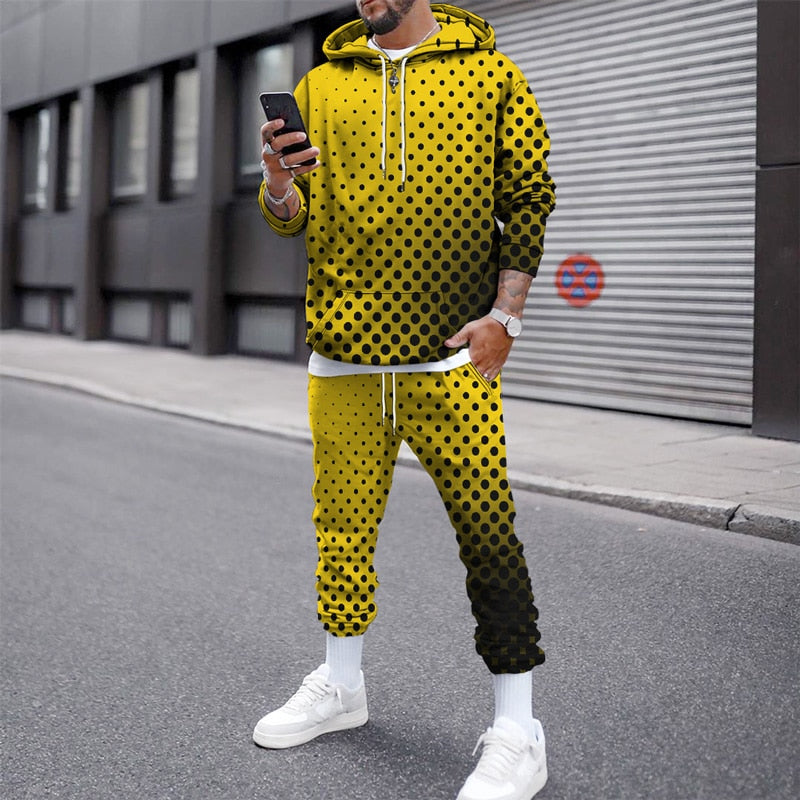 Spring and Autumn Men&#39;s simple classic grey Polka Dot 3Dprinted sports hoodie suit casual breathable trousers tracksuit clothing