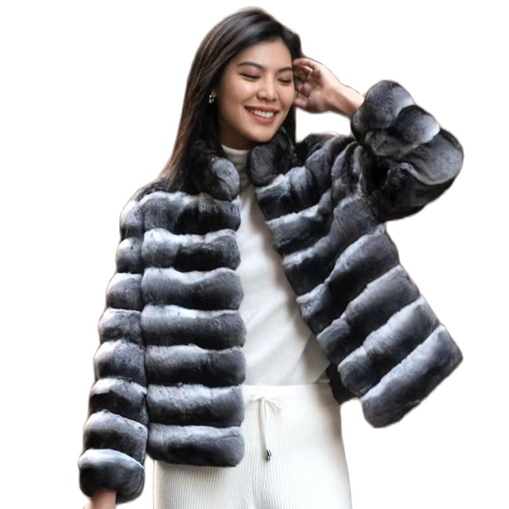 2023 New women's Chinchilla striped jacket Real Rex Rabbit fur fur all-in-one fur coat coat length 60cm package mail winter thic