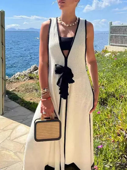 Elegant Tie Knitted Deep V-neck Long Dress Women Sexy Slim Sleeveless Contrasting Robes  Summer Lady Evening Party Vestidos