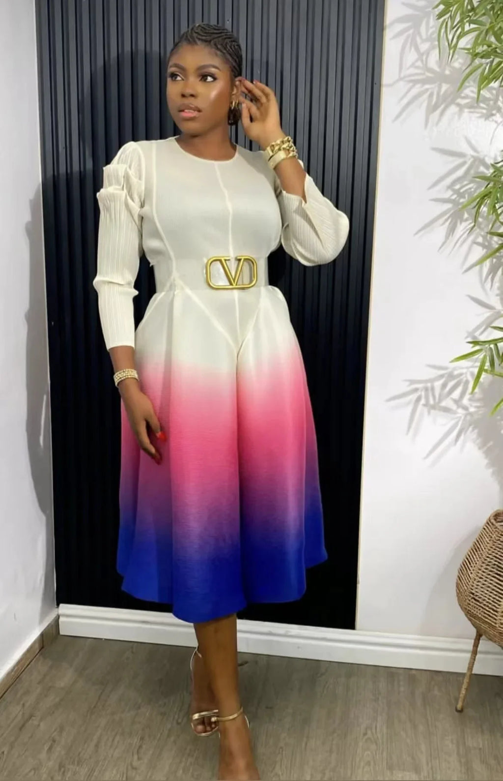 Miyake Pleated Gradual Maxi Dress O-Neck Full Sleeve Loose High Strecth Lantern Dresses for Women 2024 Summer New