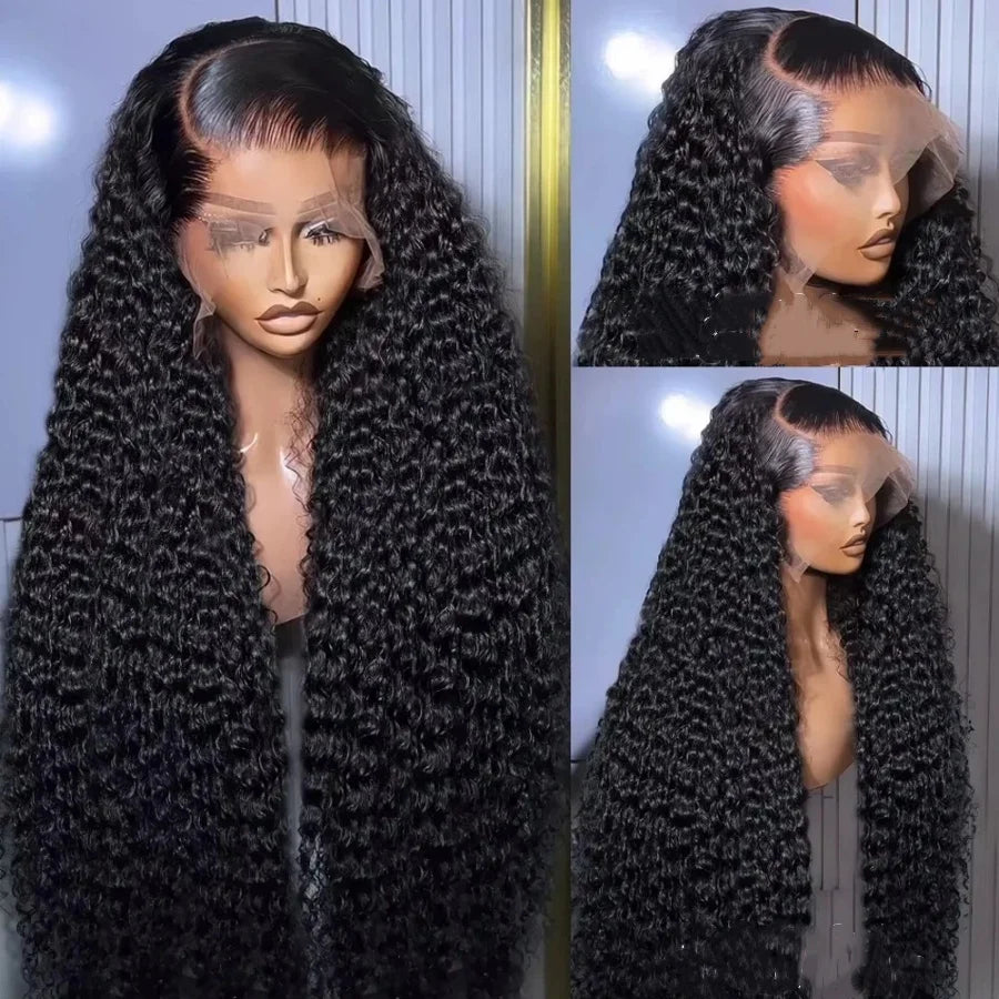200% 40 Inch 13x4 Deep Wave Lace Front Wig Brazilian Virgin Human Hair Wig Natural Black Curly Hair HD Transparent Lace Frontal