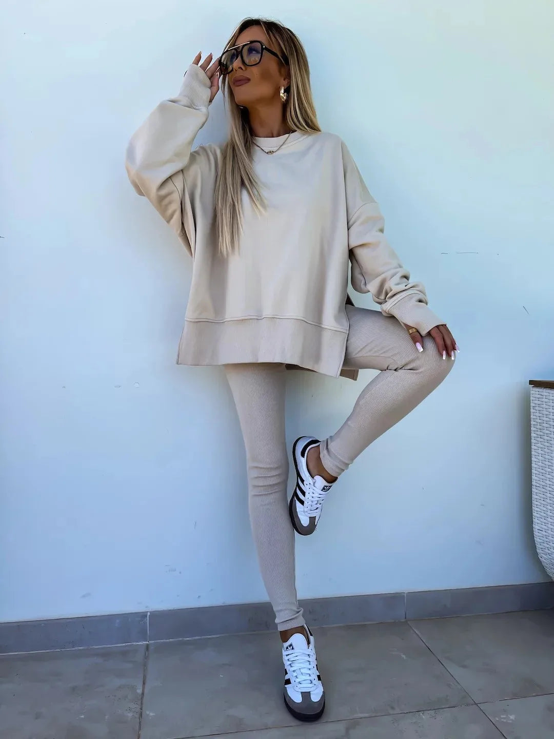 Spring summer  new Shirt  casual loose-fitting sweater tight pants 2 piece suit sets for women 2 pieces trousers sets