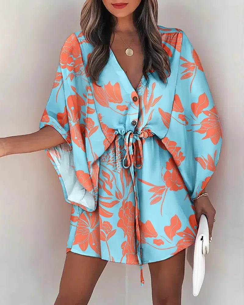 Summer Dress For Women 2024 New Floral Print Bat Half-Sleeve V-Neck Ruffle Irregular Hem Female Dress Casual Boho Women Clothes