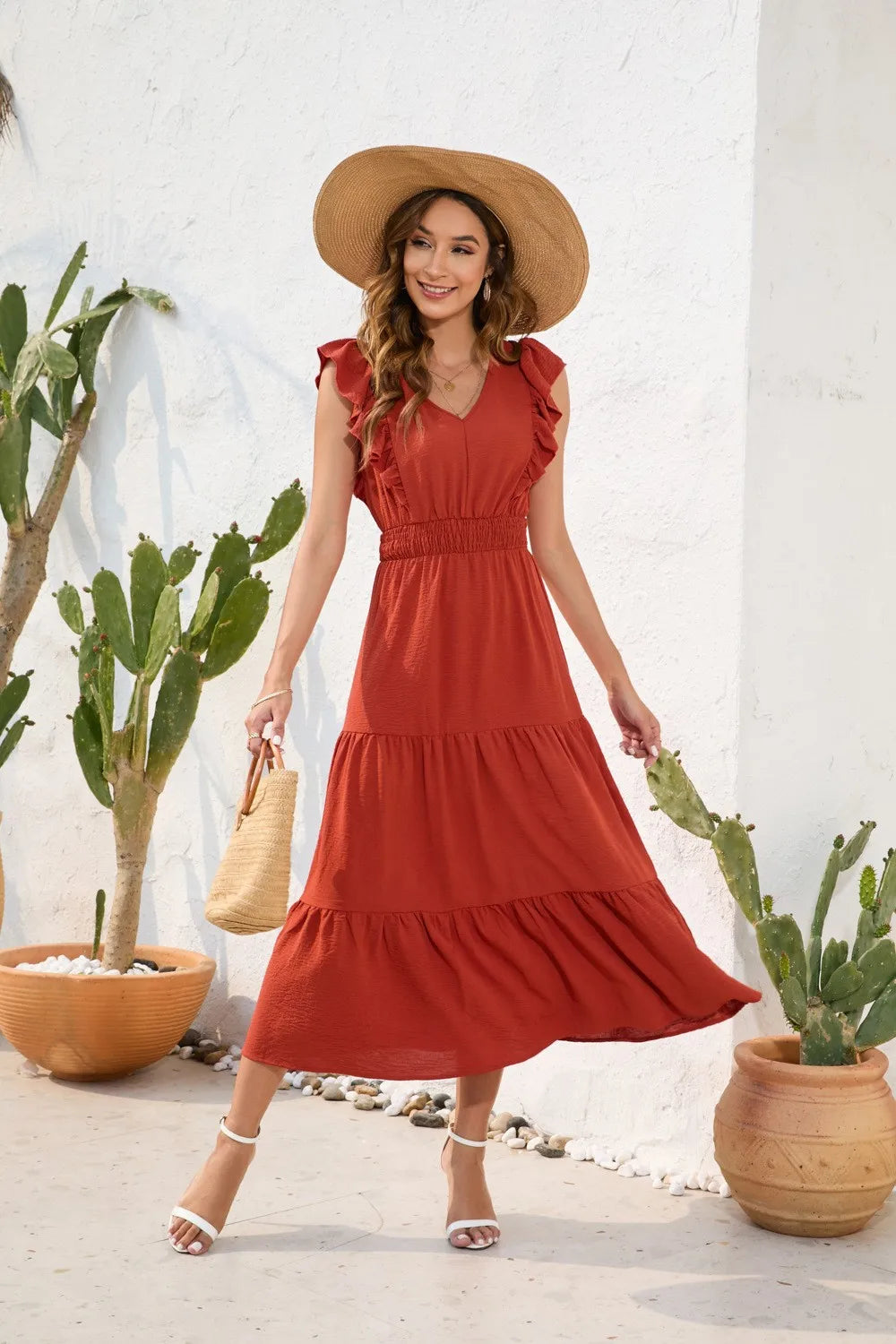 Summer Woman Dress V Neck Sleeveless Red Dresses High Waist A Line Green Maxi Dress Tiered Skirt Boho Black Casual Dress