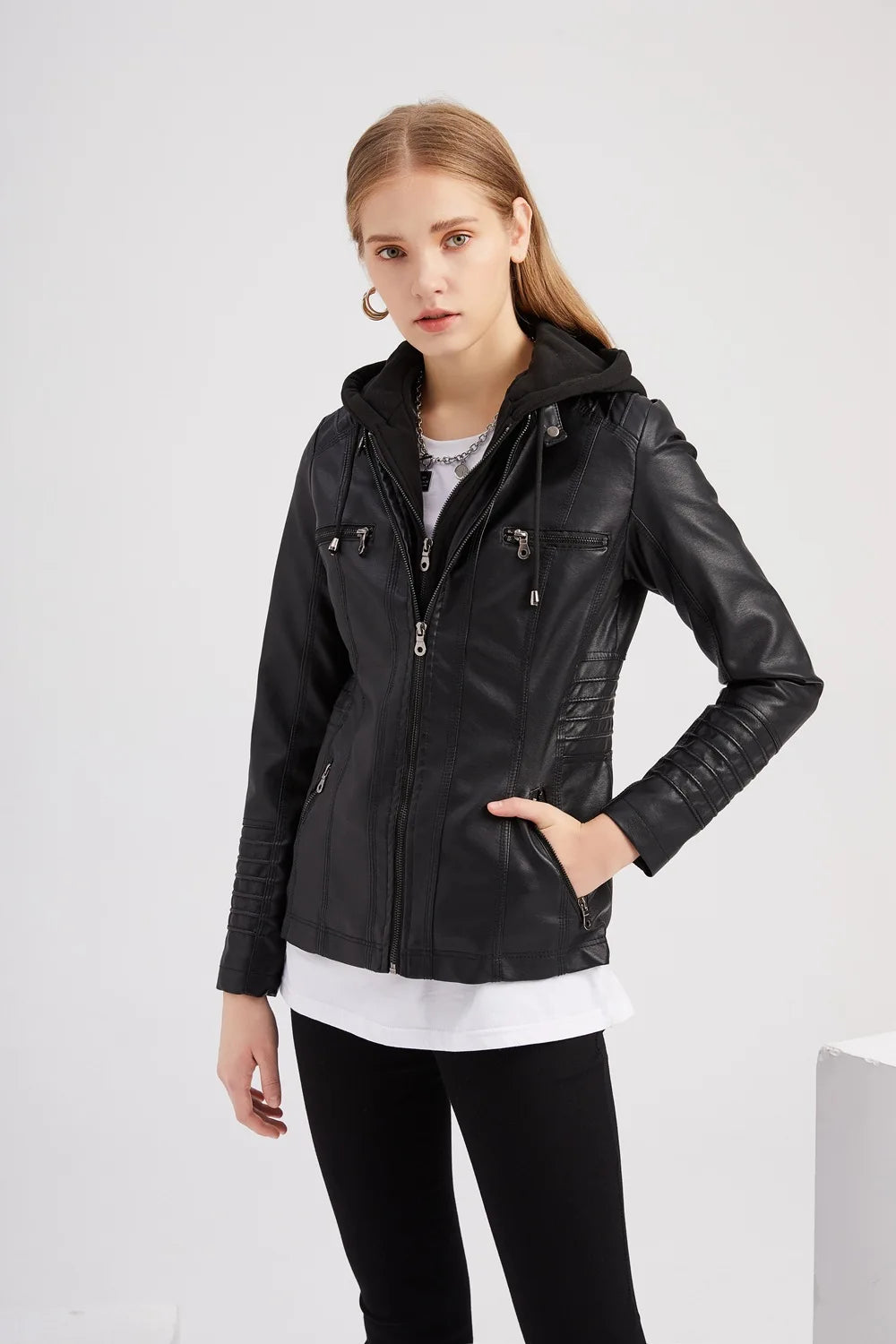 2024 Women's Hooded Leather Jacket 2 Pieces Set with Detachable Large Leather Jacket for Women Spring  Autumn PU Leather Jacket