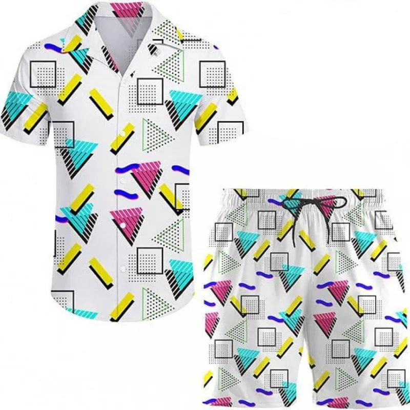 Comfortable Coconut trees leaves color blocking 3D Print shirt +Shorts Two Piece Set Short Sleeve Flip collar shirts half pants