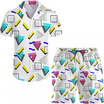 Comfortable Coconut trees leaves color blocking 3D Print shirt +Shorts Two Piece Set Short Sleeve Flip collar shirts half pants