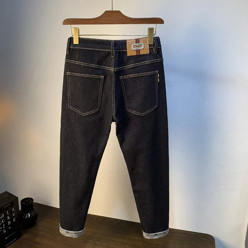 High end light luxury men jeans autumn new item dark blue fashion printed casual straight slim fit cotton washed denim pants