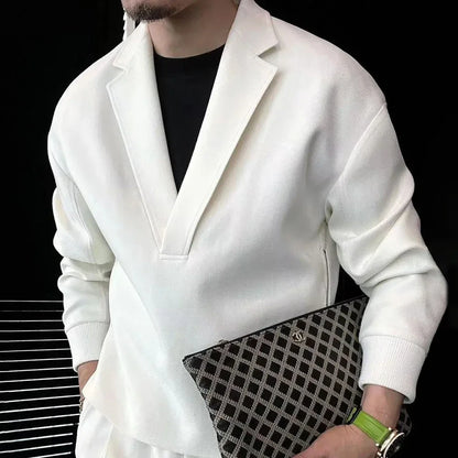 New Mens Casual Two-Piece Suit Spring Autumn Casual Double-Sided Zipper Suit Fashion Retro Solid Color V-Neck Loose Suit