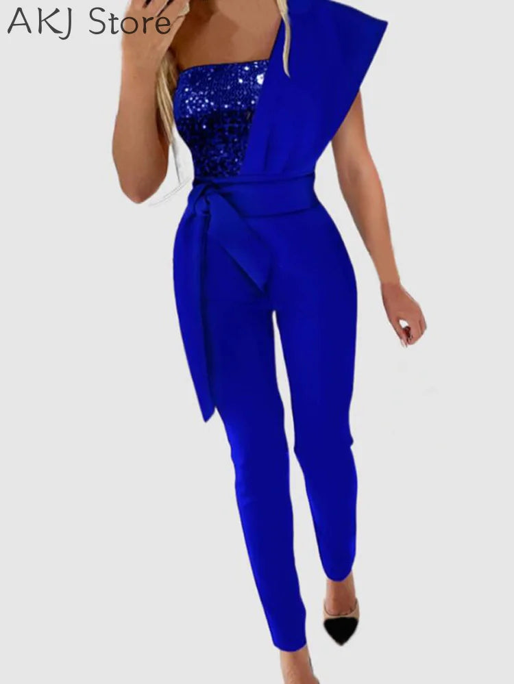 Women Elegant Sequin Decor One Shoulder Party Jumpsuit