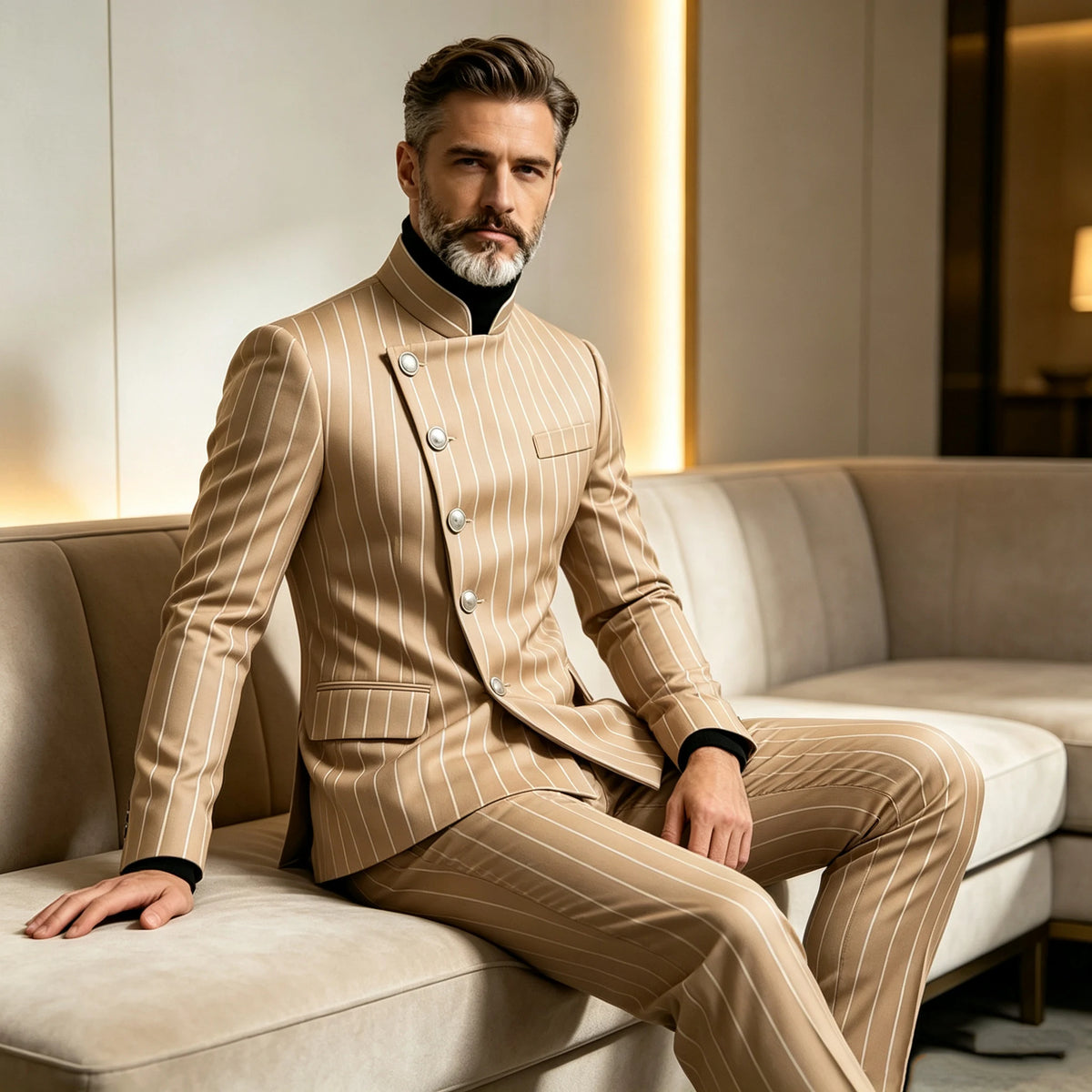 Herren Nadelstreifen Business Anzüge Einreihiger Stehkragen Slim Fit Anzug Jacke Hose 2-teiliger festlicher Smoking für Hochzeitsfeier