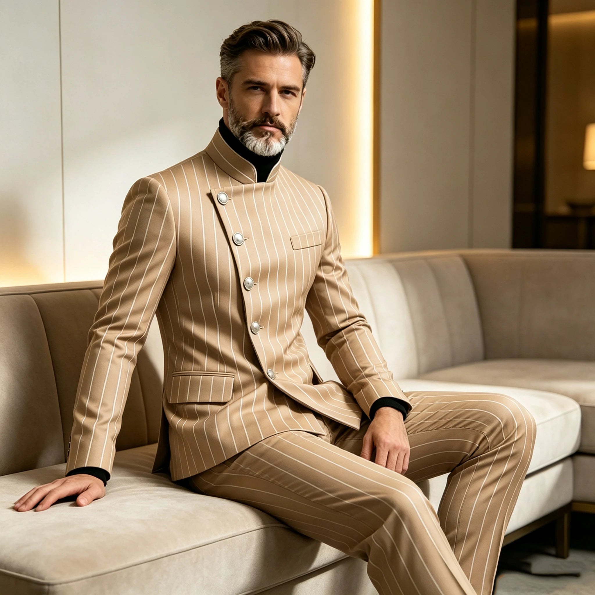 Men's Pinstripe Business Suits Single Breasted Stand Collar Slim Fit Suit Jacket Pants 2 Pieces Formal Tuxedo for Wedding Party
