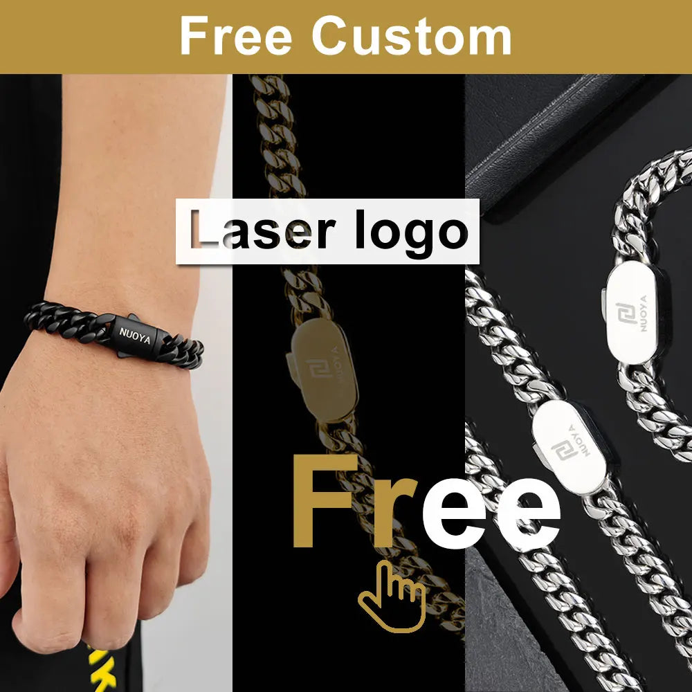 Hip Hop Rock Jewelry Free Custom Logo Name 18K Gold Plated Miami Cuban Link Chain Stainless Steel Bracelet For Men