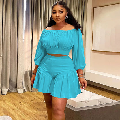 CM.YAYA Plus Size Women's Set Long Sleeve Slash Neck T-Shirt and Shorts  Summer Ruched Two 2 Piece Set Outfits Tracksuit