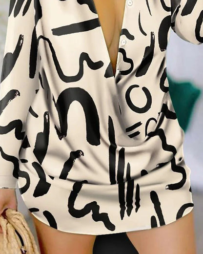 Spring Autumn Fashion Letter Print Long Sleeve Shirt Dress Robe Womens Turn-down Collar Buttons Front Casual Dresses Female