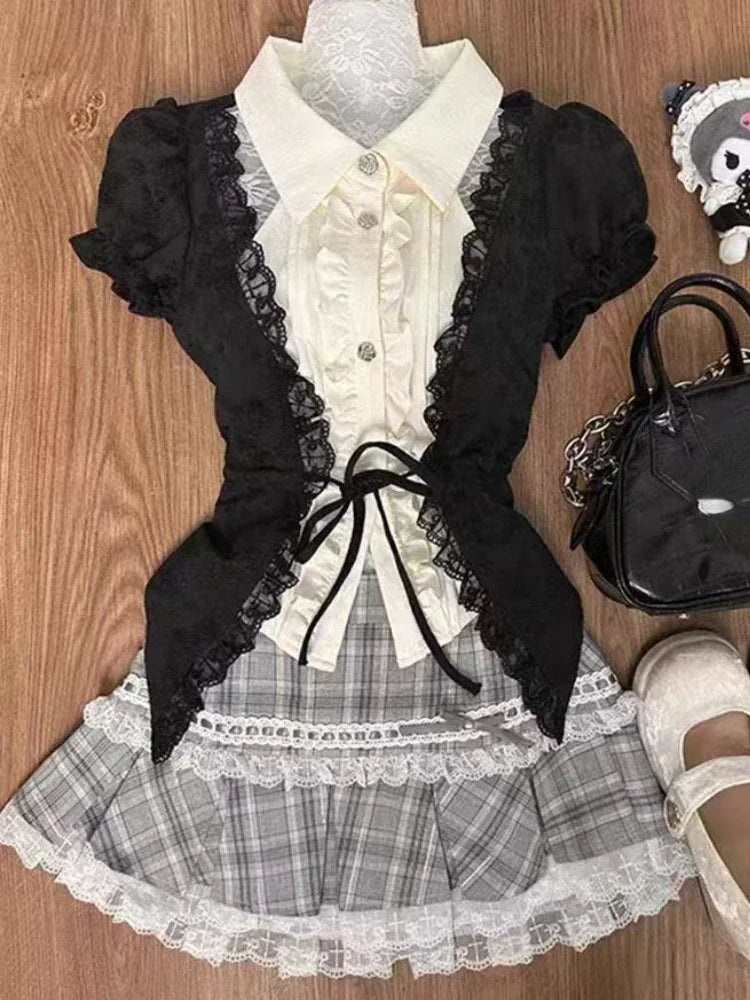 Fashion Sweet Slim Short Sleeve 2 Piece Set Women Design Chic Lapel Bow Patchwork Tops + High Waist Thin Plaid Short Skirt New