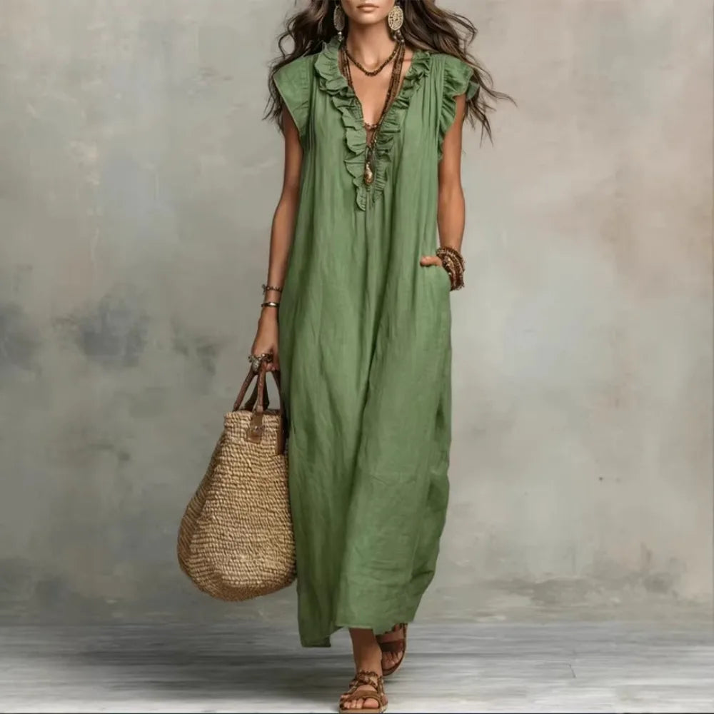 Women's Retro Bohemian Ruffle Linen Maxi Dress, Ruffle V-Neck Sleeveless Loose Summer Dress with Pockets, Summer Casual High-Waist Loose Beach Maxi Dress, Sunny Dress with Flutter Sleeves and Floor-Length Skirt