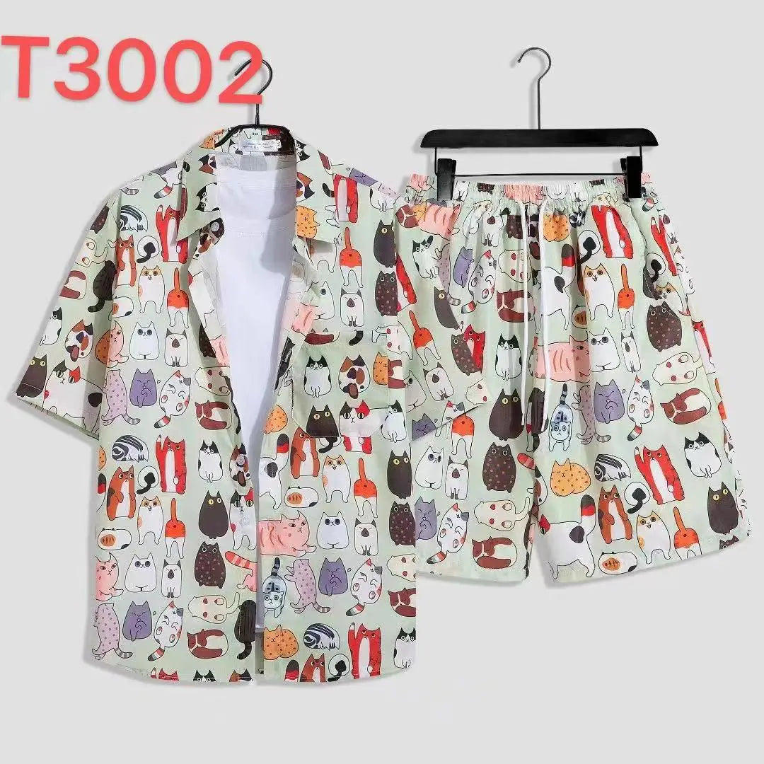 Comfortable flower grass leaf coconut tree 3D Print shirt +Shorts Two Piece Set Short Sleeve Flip collar shirts half pants