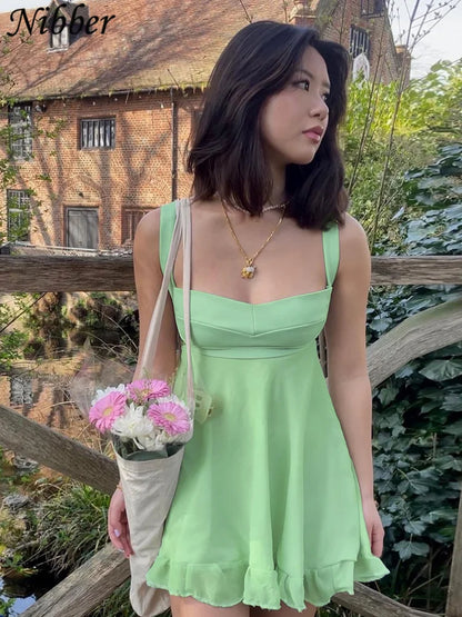 Nibber Vestidos Elegantes Para Mujer Solid Color Cutout Slim Sling Dress Sexy Backless Ruffle Dress Female