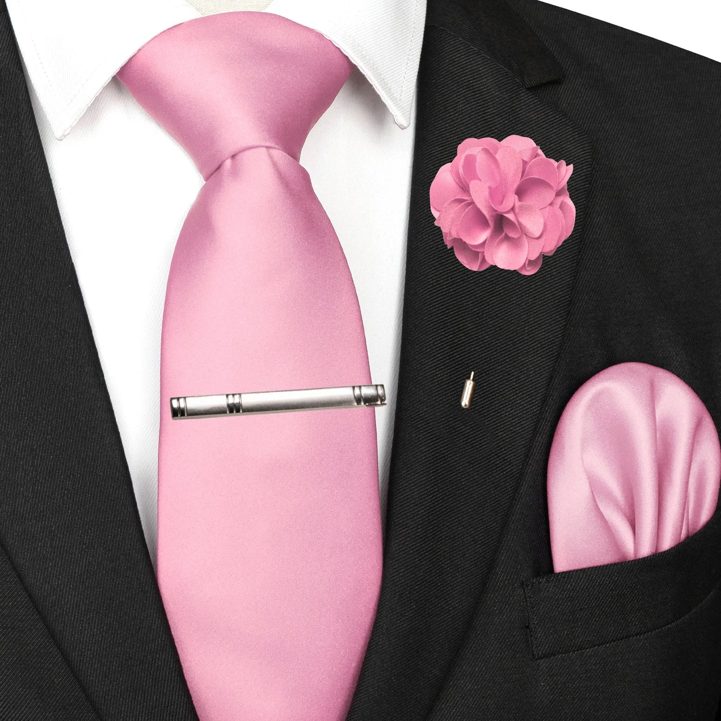 Mens Colors Solid Tie and Lapel Pin Necktie Pocket Square and Tie Clip Sets for Business Casual 4PCS