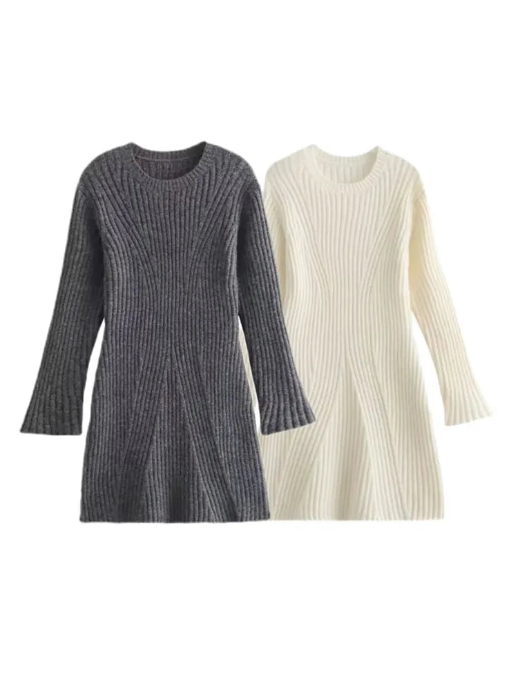 TRAF Women Knitted Dress 2023 Autumn Winter Women Elegant Solid Ribbed Mini Dresses For Women Long Sleeve Party Dresses