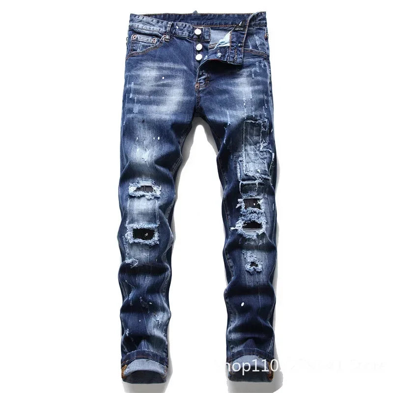 Men Blue Denim Jeans Skinny Holes Jeans Italian Style Stretch Denim Pants High Quality Male Slim Fit Denim Trousers Size 42